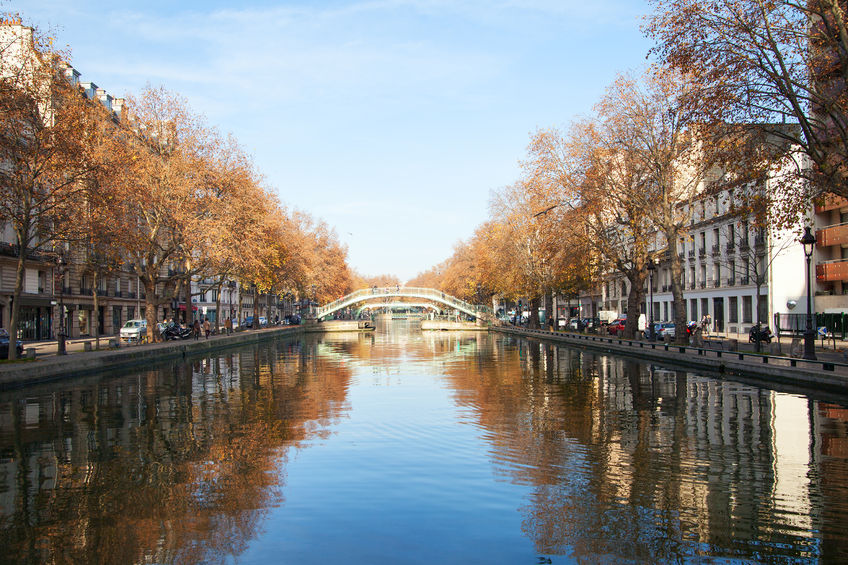 34457398 - pedestrian bridges over canal saint martin,paris, france.